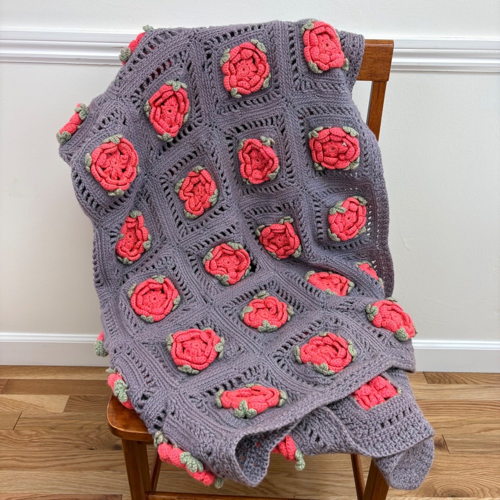 FLAWED Crochet Granny Square Blanket Purple 3D Pink Roses Handmade Cottagecore